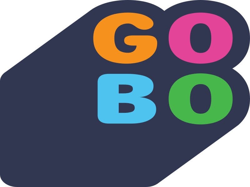 orange, pink, blue, and green letters spelling out GOBO on a dark blue background