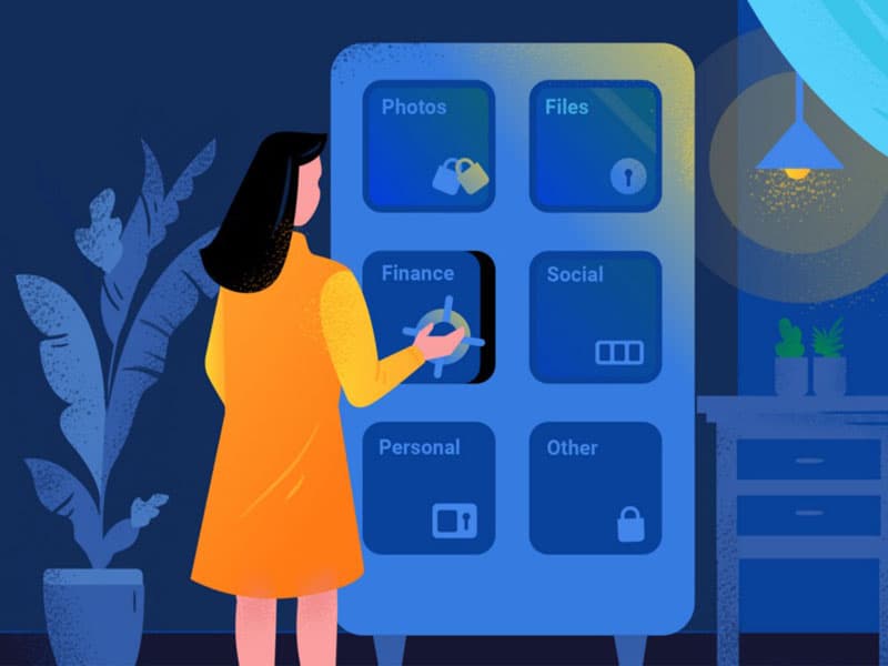 Ilustration of a woman seen from behind while she opens a safe's door that reads 'finance'. The safe gas other doors for photos, files, social, personal and other.