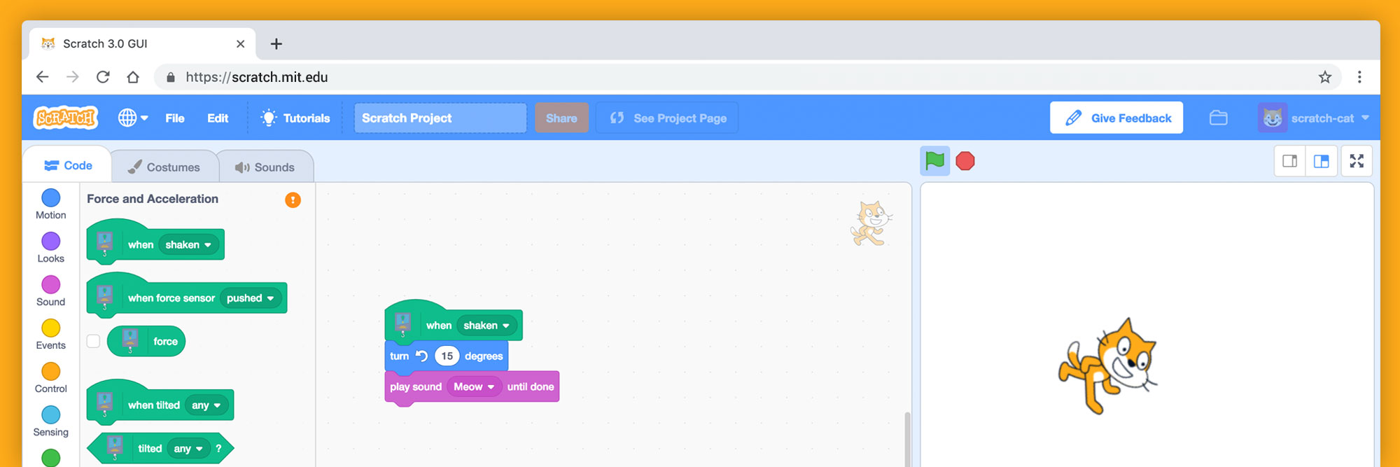 Screenshot a browser displaying the Scratch web app demoing Vernier's go direct sensors