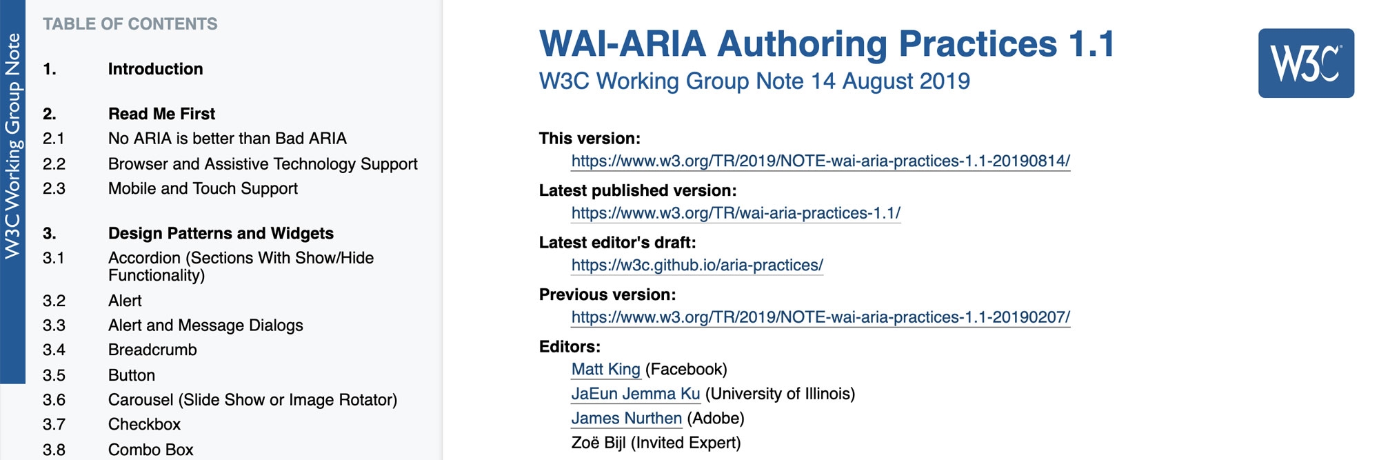 Screenshot of the WAI-ARIA Authoring Practices 1.1 Draft