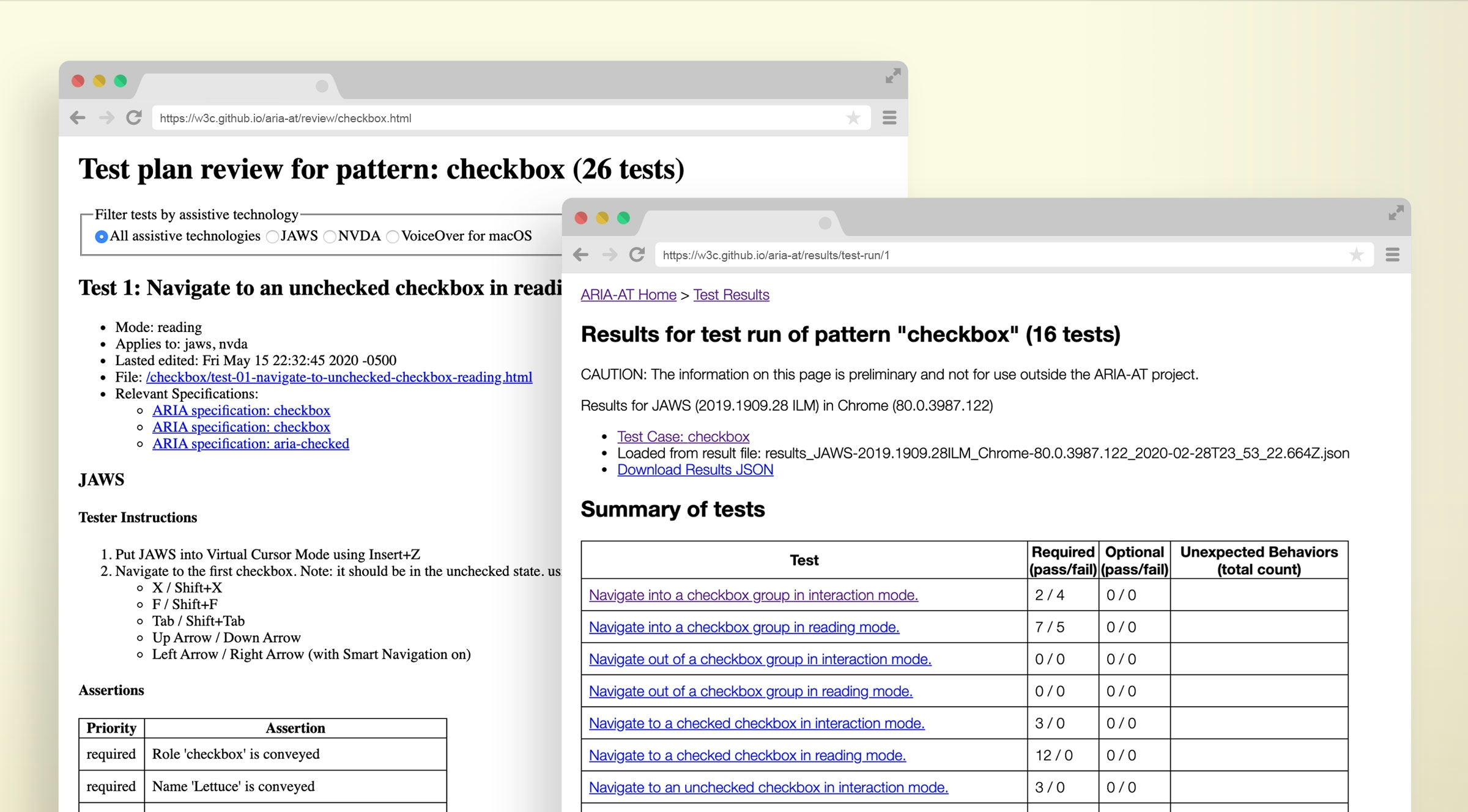Two layered screenshots of the Aria-AT prototype, each in its own illustrated browser window. The first is of a test plan for checkbox. The second is of test run results for the checkbox pattern.