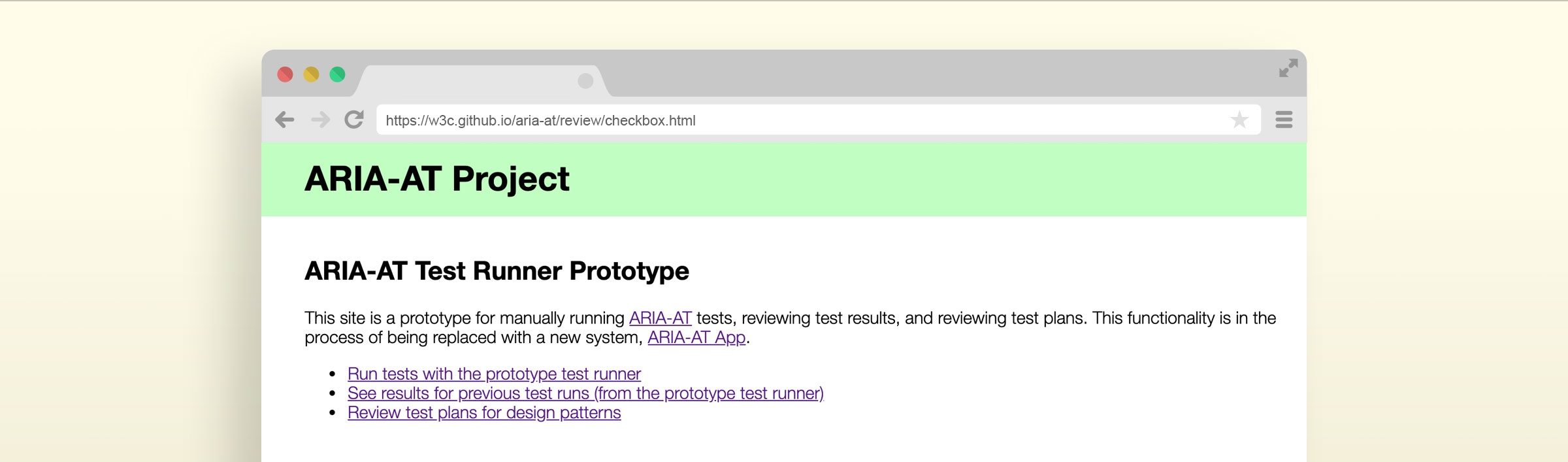 Screenshot of the Aria-AT Test Runner Prototype home page in an illustrated browser window.