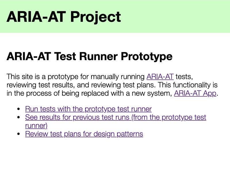 Screenshot of the Aria-AT Test Runner Prototype home page.