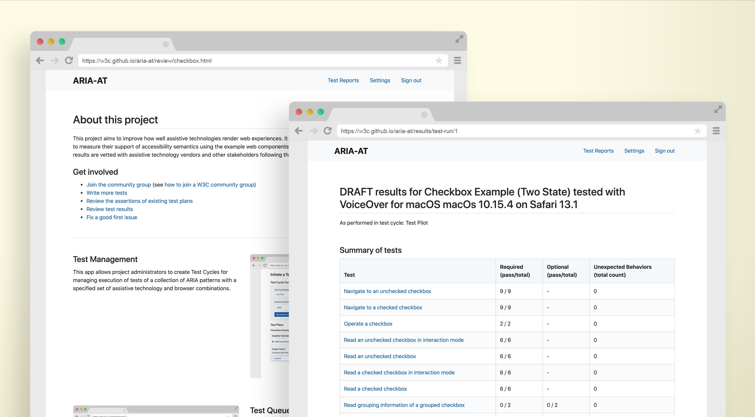 Two layered screenshots of the Aria-AT app, each in its own illustrated browser window. The first is of a the home page. The second is of draft results for checkbox example tested with VoiceOver for macOS Safari