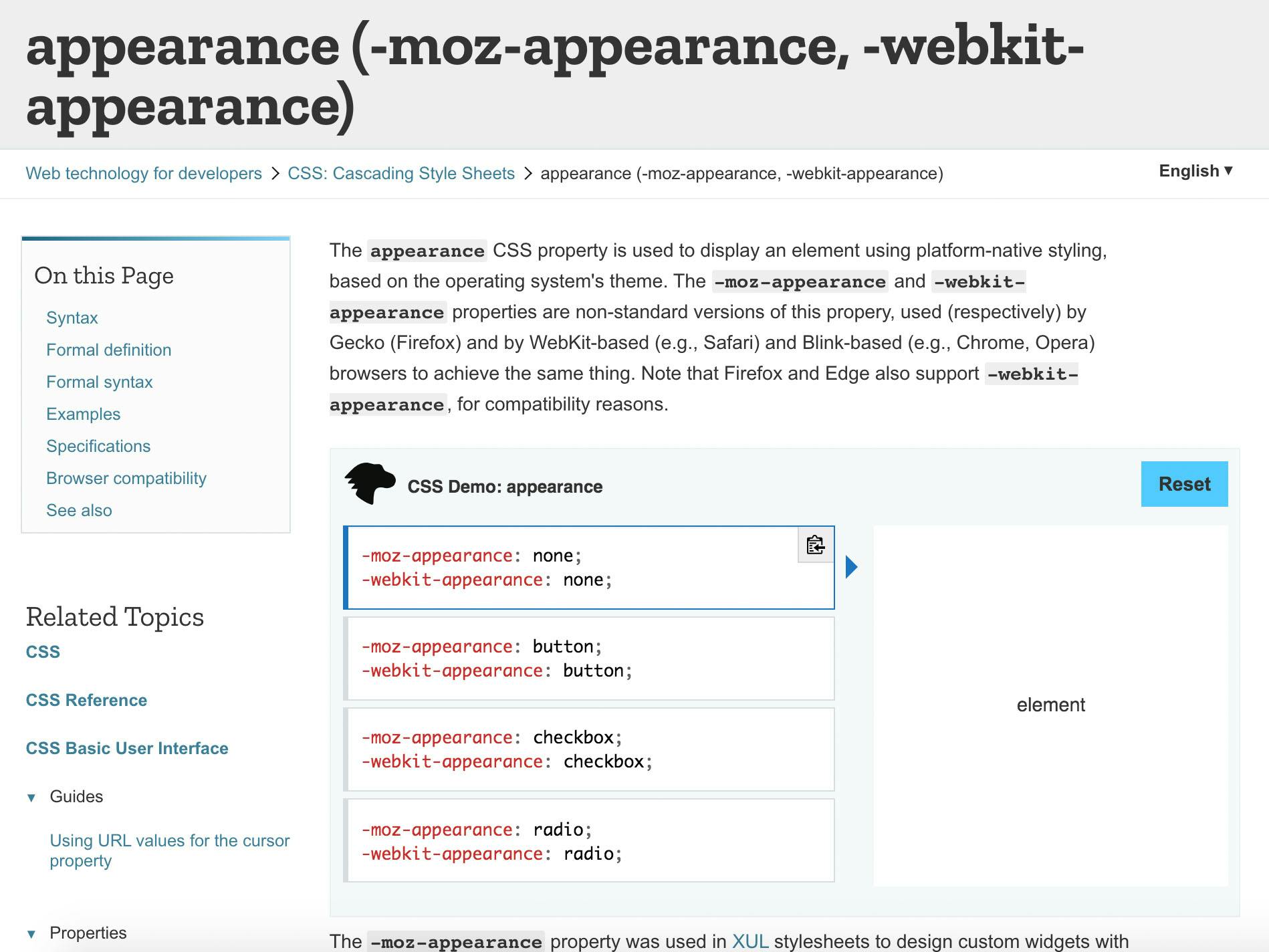 Screenshot of MDN documentation for appearance property.