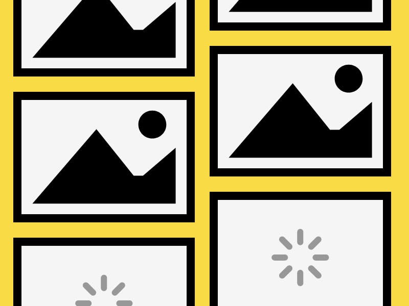 a yellow background filled with black and white squares, some filled with mountains some filled with a circle symbolizing loading