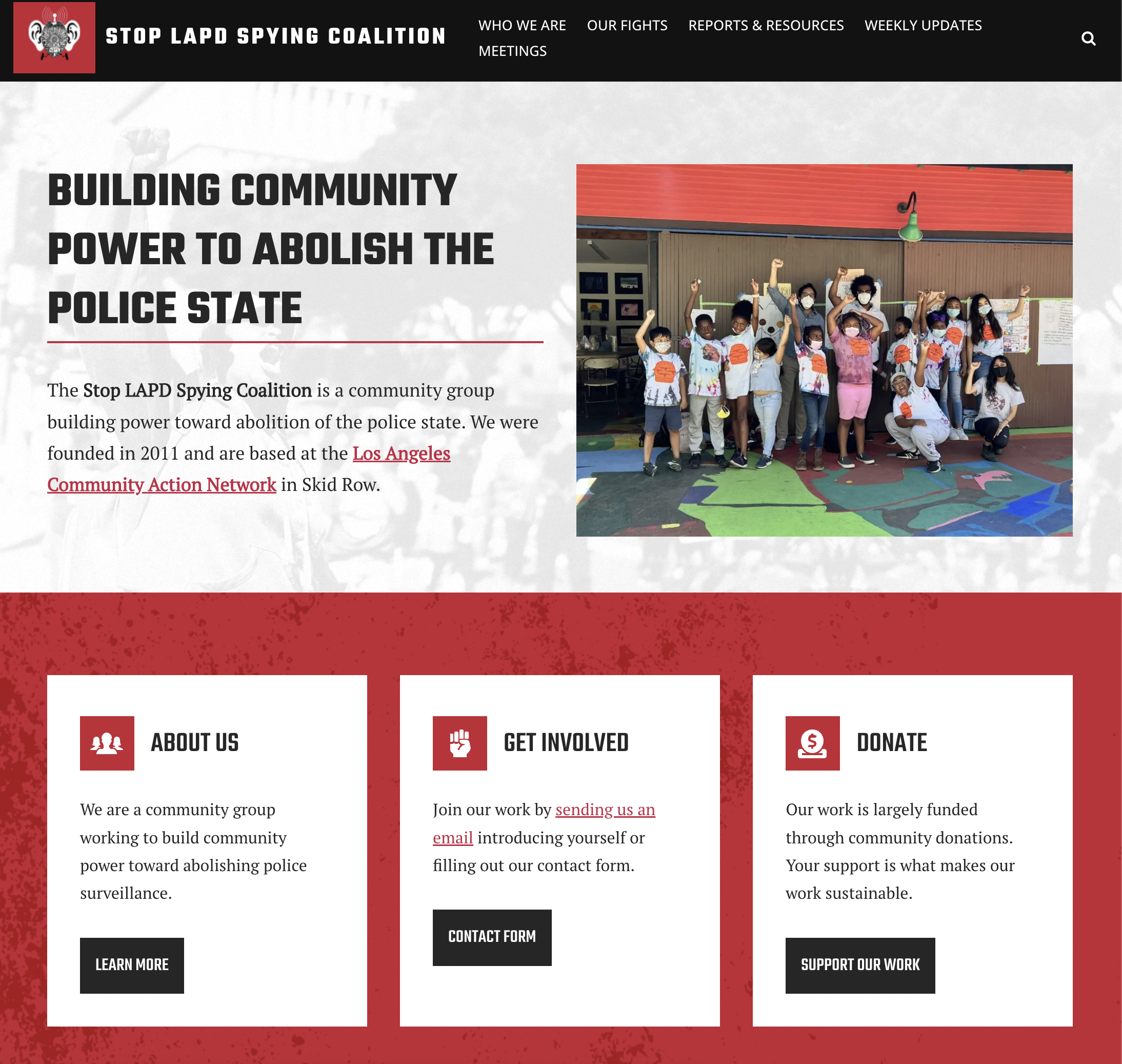 Screenshot of Stop LAPD Spying Homepage