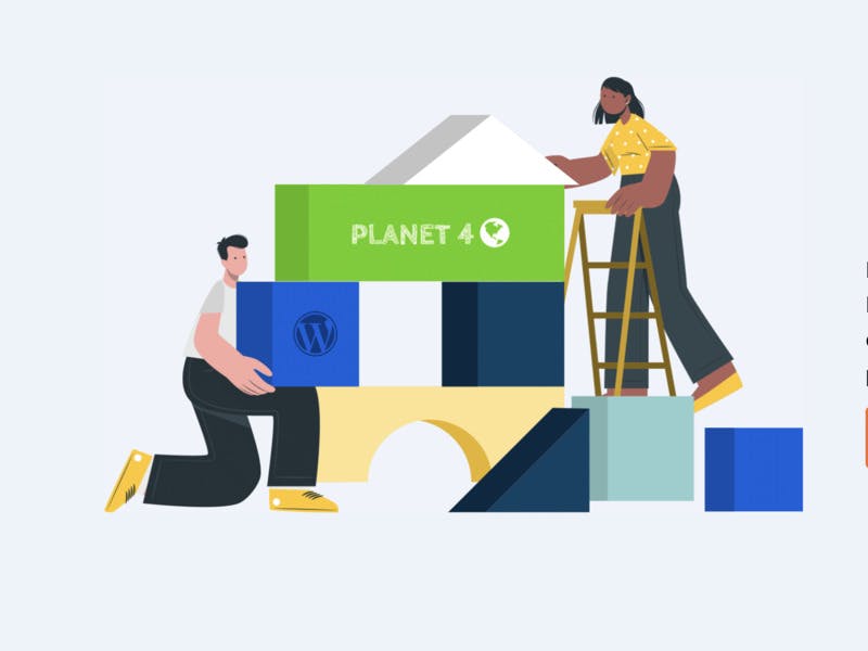a man kneels while lifting a block and a woman adds a triangle to a structure, the stacked blocks read "planet 4"