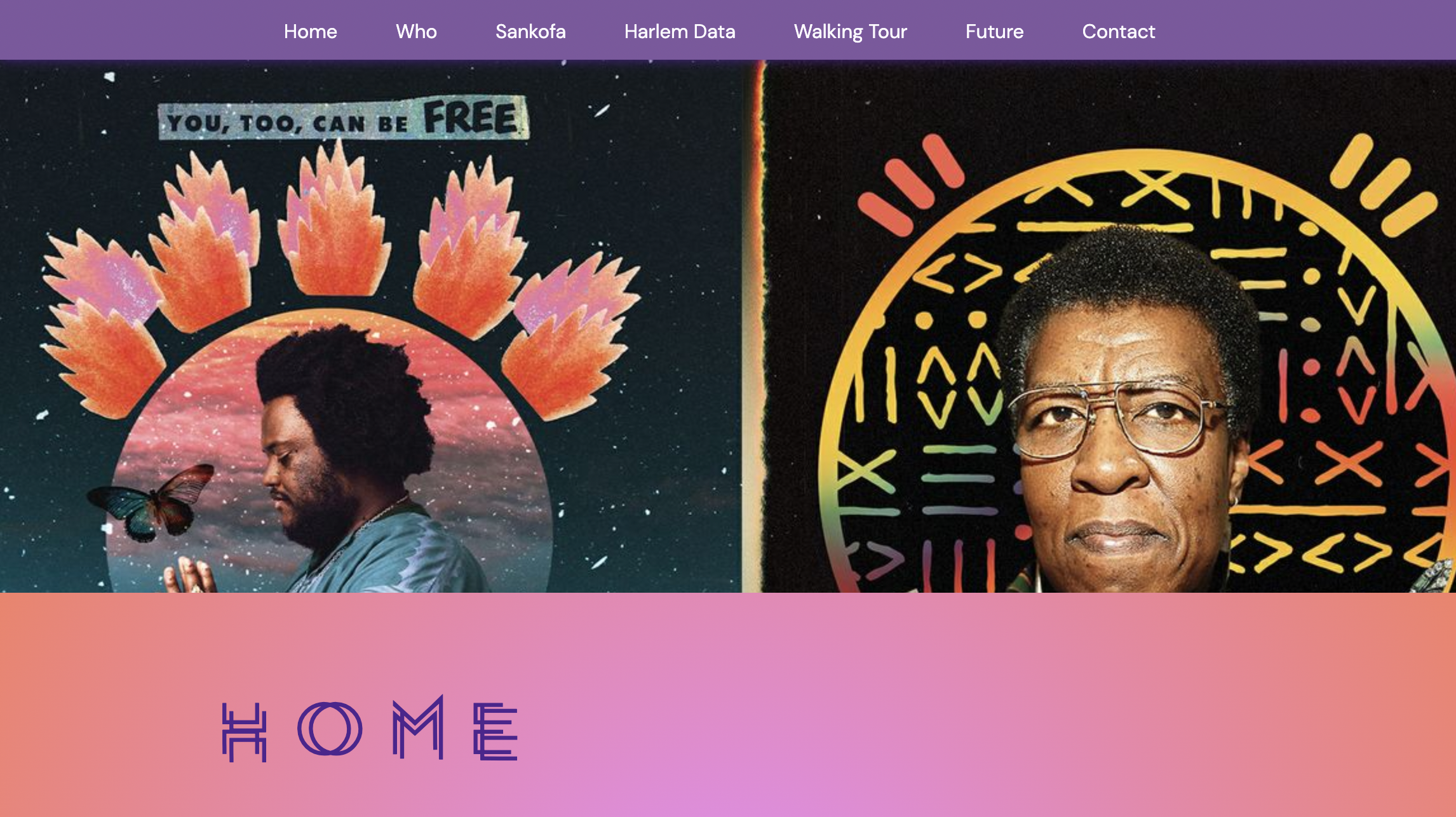 a pink and purple background with the word "home" portraits of two Black folks are centered. One faces to the left and one faces head on. their heads are surrounded by colorful symbols