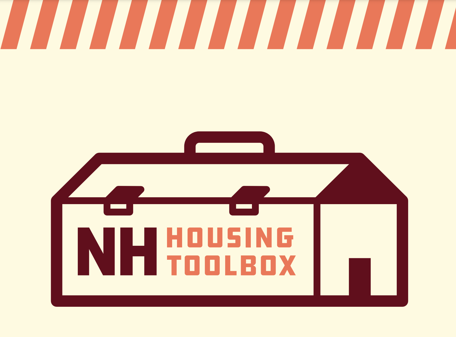 a beige background with orange hashmarks at the top. a toolbox/house holds maroon text that reads "NH Housing Toolbox"