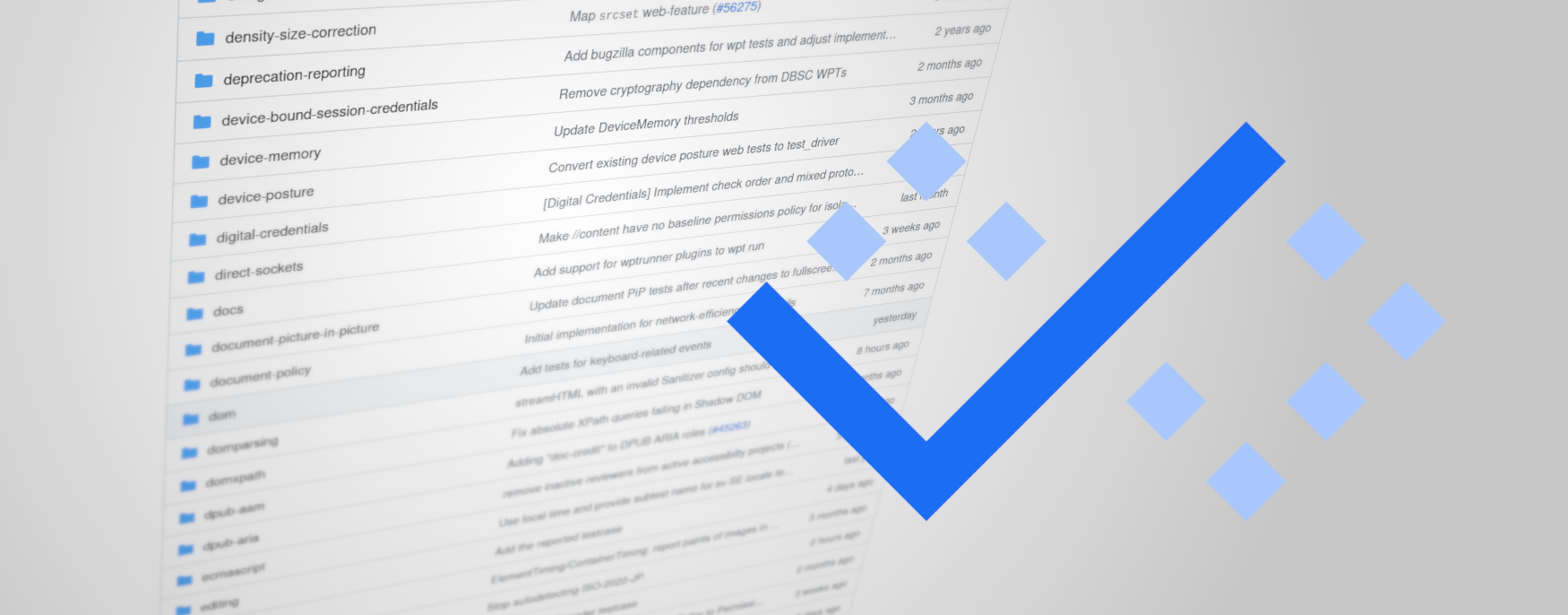 The Baseline logo overlaid on a tree view of the Web Platform Tests top-level file directory contents.